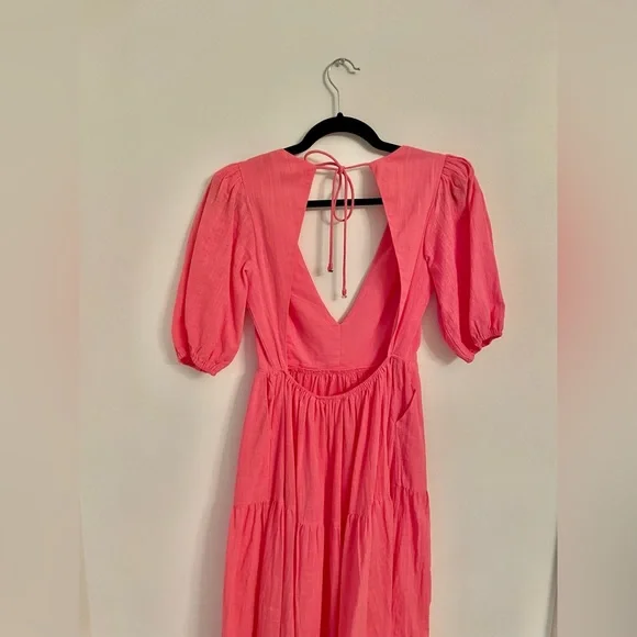 Seven Wonders V Neck Puff Sleeve Linen Maxi Dress in Pink Size S - Picture 8 of 11